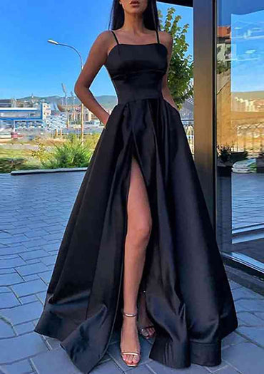 Square Neckline Long Satin Prom Dress With Split Pockets