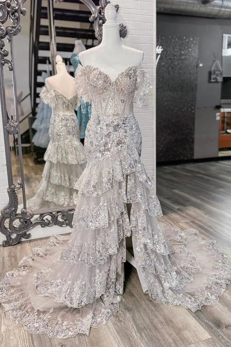 Sheath Off the Shoulder Long Lace Prom Dress with Lace-up Back