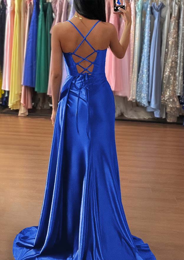 Trumpet/Mermaid Sweetheart Sweep Train Silk like Satin Ruched Prom Dress