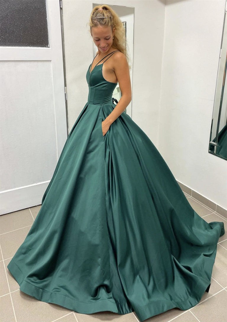 Ball Gown Green Satin Prom Dress With Pleated Pockets