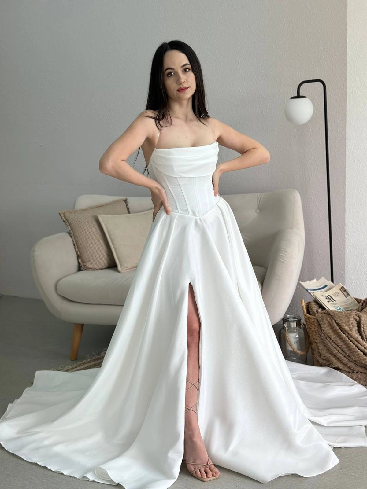 Royal Satin High Slit Corset Wedding Dress with Lace-Up Back