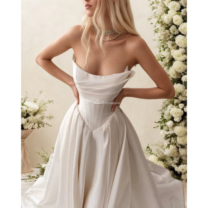 Satin Strapless Wedding Dresses with Pleated