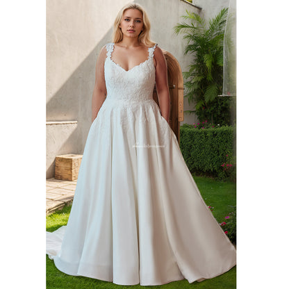 Vestido de novia con apliques de encaje y flores de talla grande con abertura lateral