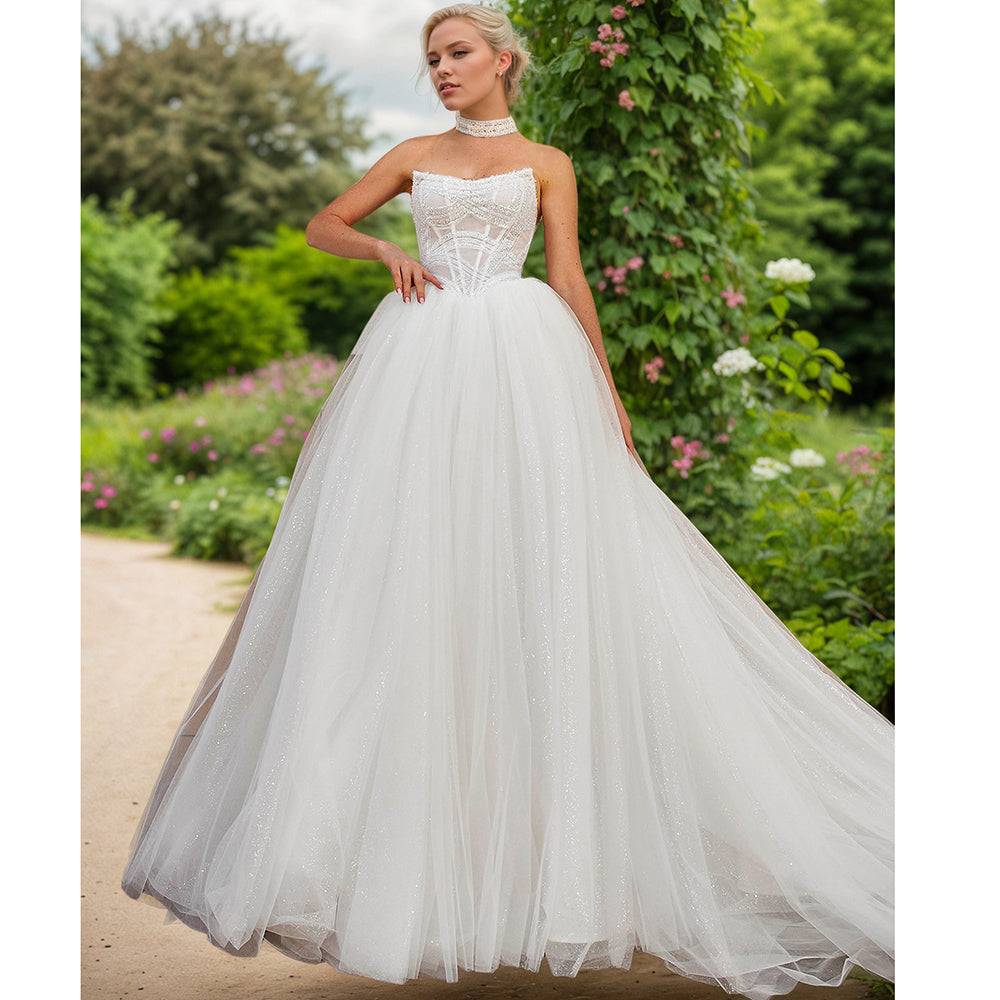 Ball-Gown Tulle Wedding Dress Strapless Off White Beads Bridal Gown