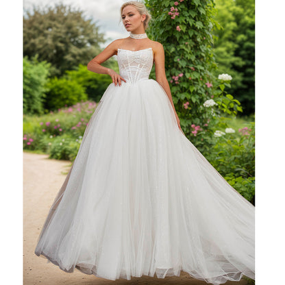 Ball-Gown Tulle Wedding Dress Strapless Off White Beads Bridal Gown