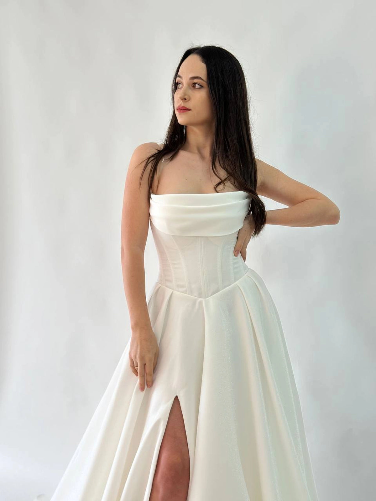 Royal Satin High Slit Corset Wedding Dress with Lace-Up Back