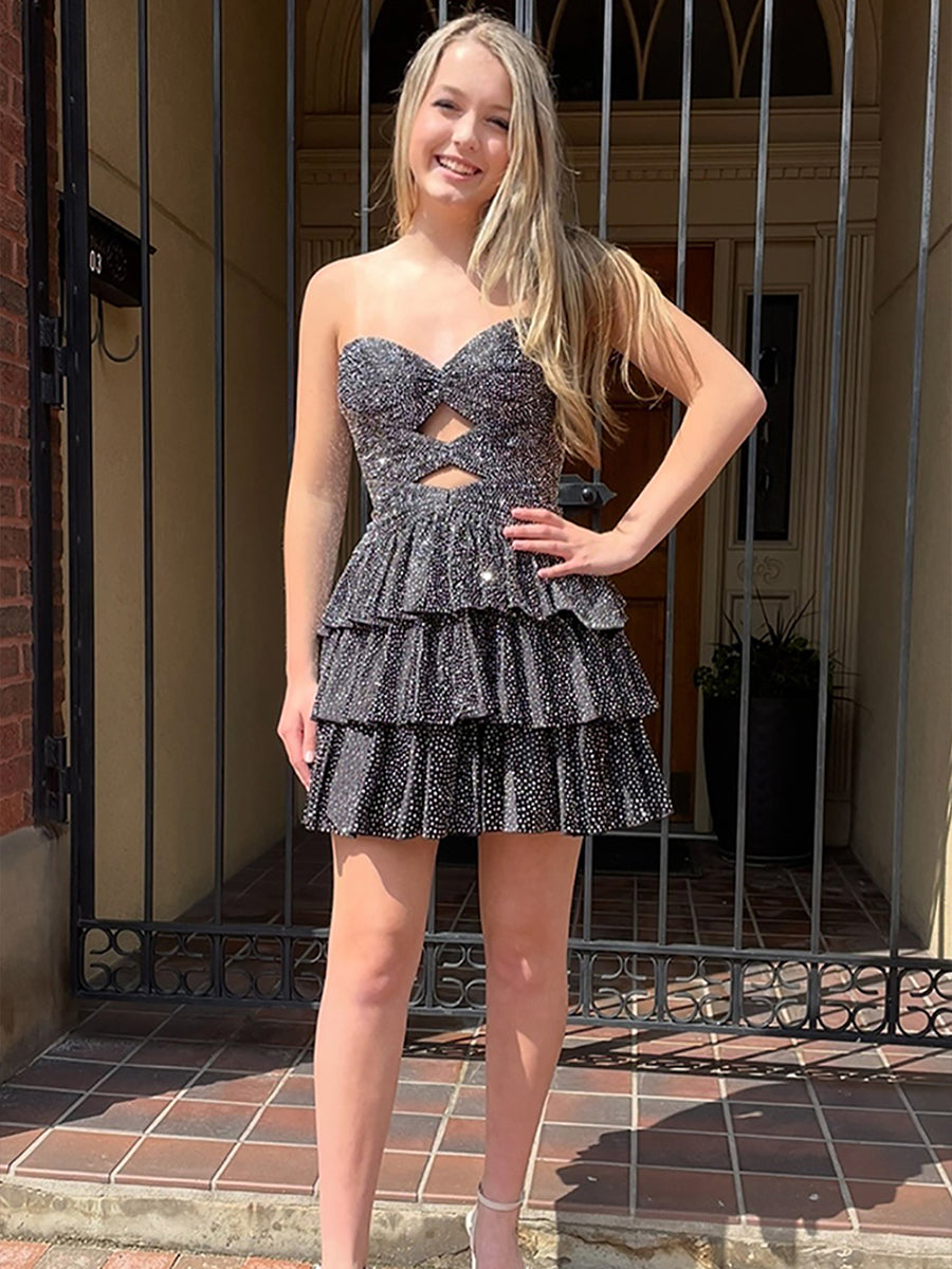 Glitter Strapless Sweetheart A Line Homecoming Dress with Keyhole Lace Up Party Gown