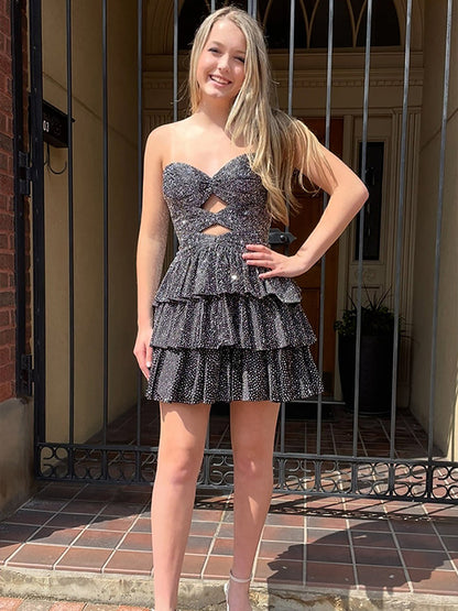 Glitter Strapless Sweetheart A Line Homecoming Dress with Keyhole Lace Up Party Gown