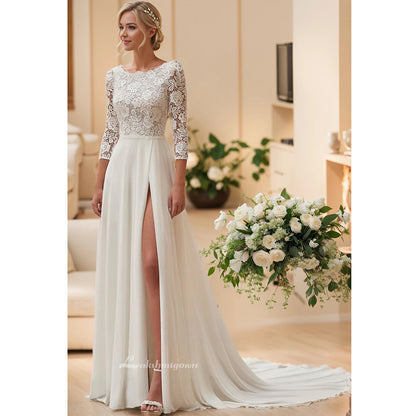 Boho Lace Split Front Wedding Dress Sexy Floral Round Neck Sheer Three-Quarter Sleeve Chiffon Bridal Gown