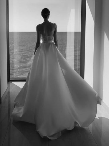 A-Line Strapless Sweetheart Sequins Pearls High Slit Mermaid Wedding Dress with Train