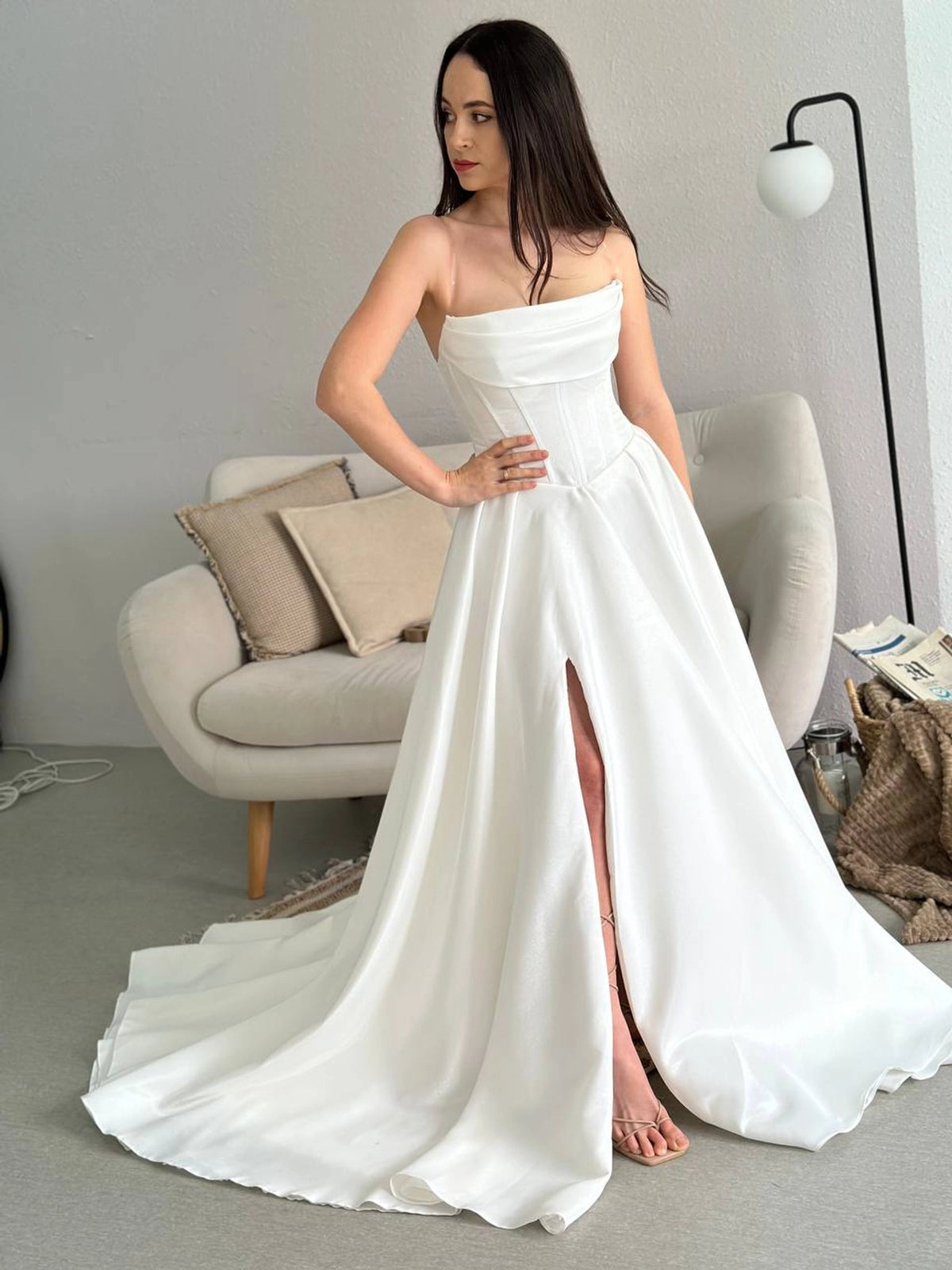 Royal Satin High Slit Corset Wedding Dress with Lace-Up Back