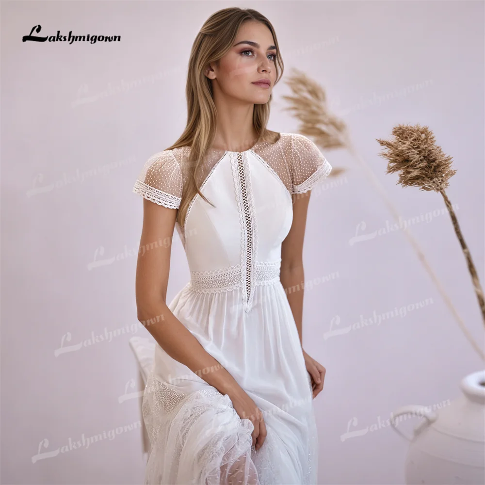 Sexy O Neck Chiffon Wedding Dress with Short Cap Sleeves