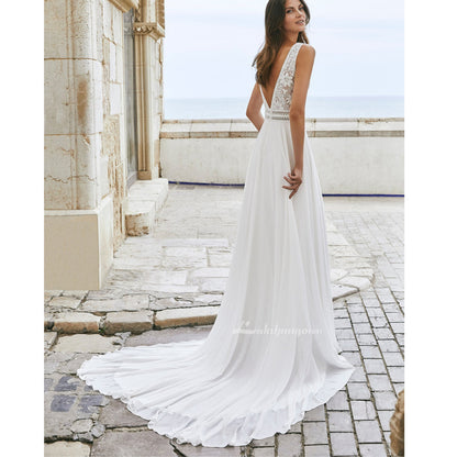 Boho V-Neck Lace Chiffon Wedding Dress with Detachable Jacket