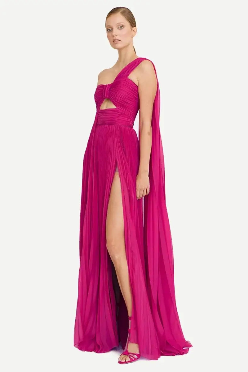 Fuchsia Pleated A-Line Prom Dress With Split