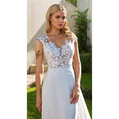 Vestido de novia con apliques de encaje y flores de talla grande con abertura lateral