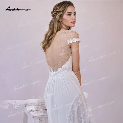 Sexy O Neck Chiffon Wedding Dress with Short Cap Sleeves