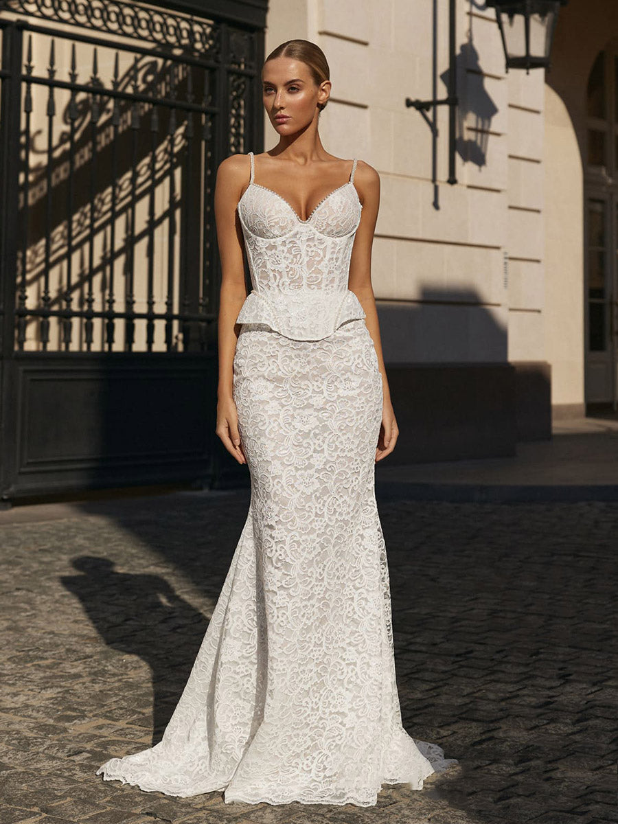 Spaghetti Straps Full Lace Pearls V-Neck Wedding Dress with Train