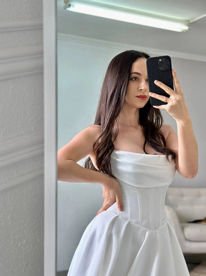 Royal Satin High Slit Corset Wedding Dress with Lace-Up Back