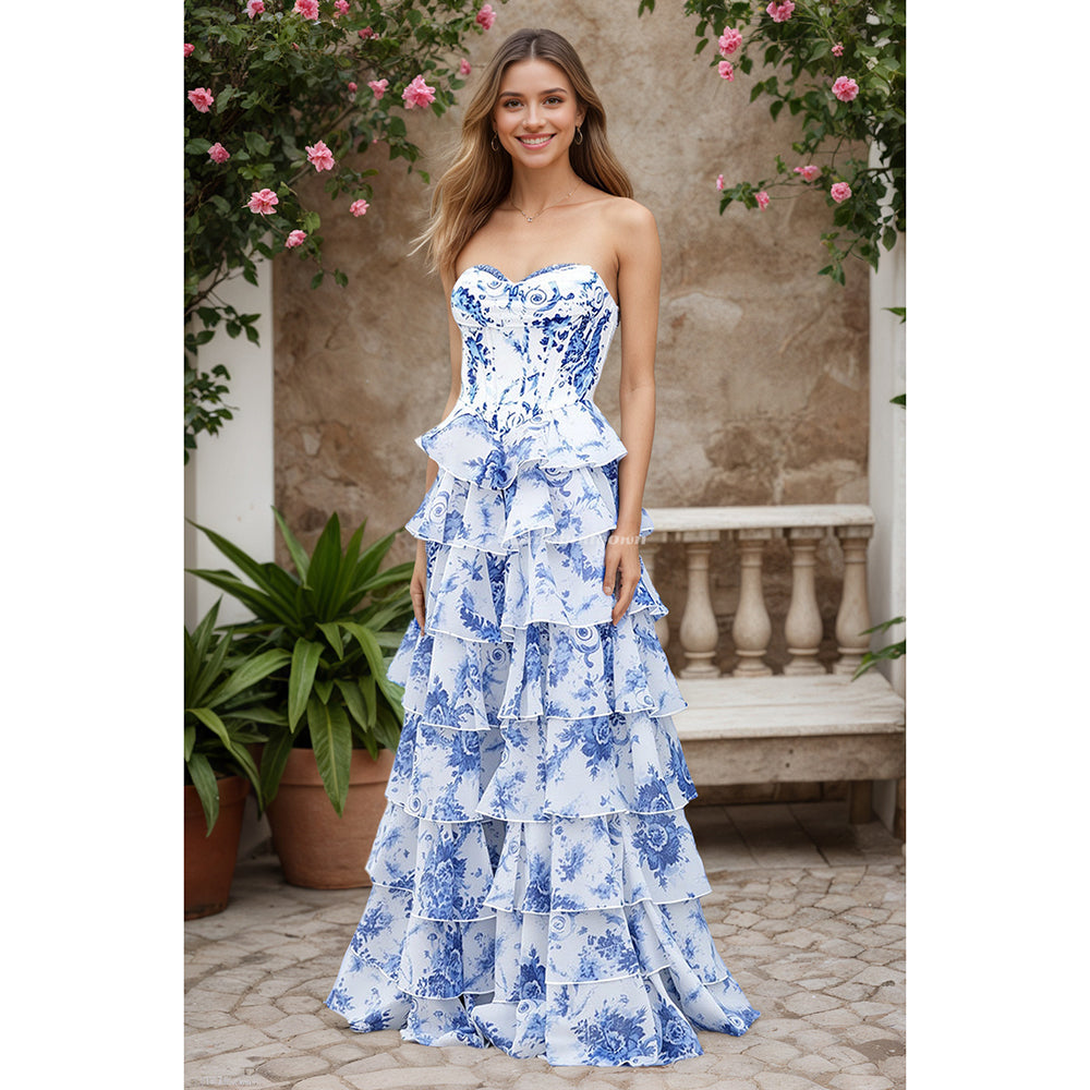 Floral Printed A-Line Tiered Ruffles Prom Gown