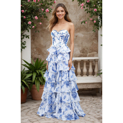 Floral Printed A-Line Tiered Ruffles Prom Gown