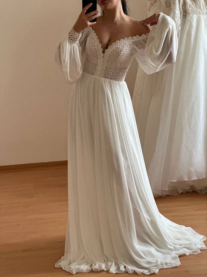 Elegant A-Line Lace Deep V-Neck Wedding Dress