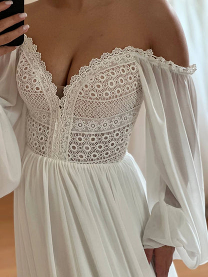 Elegant A-Line Lace Deep V-Neck Wedding Dress