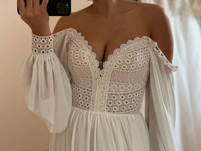 Elegant A-Line Lace Deep V-Neck Wedding Dress