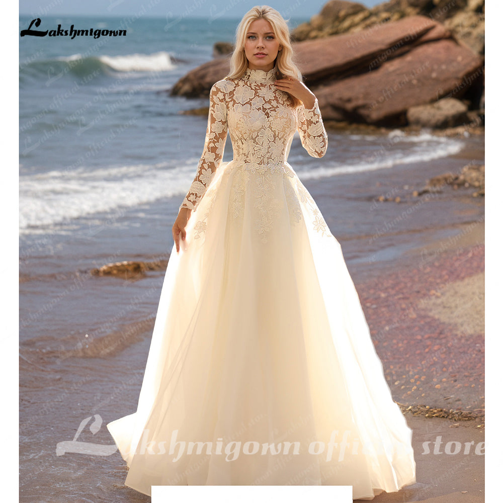Boho Wedding Dress High Neck Long Sleeves Illusion Exquisite Lace Bridal Gown