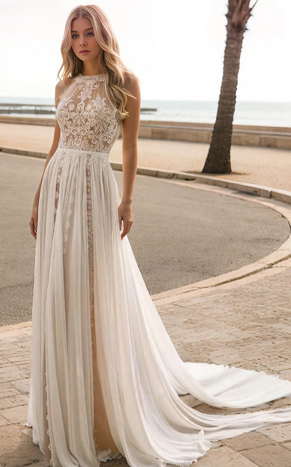 Boho Beach A-Line Lace Wedding Dress Floral Sexy Modern Sleeveless Jewel Neck Bridal Gown