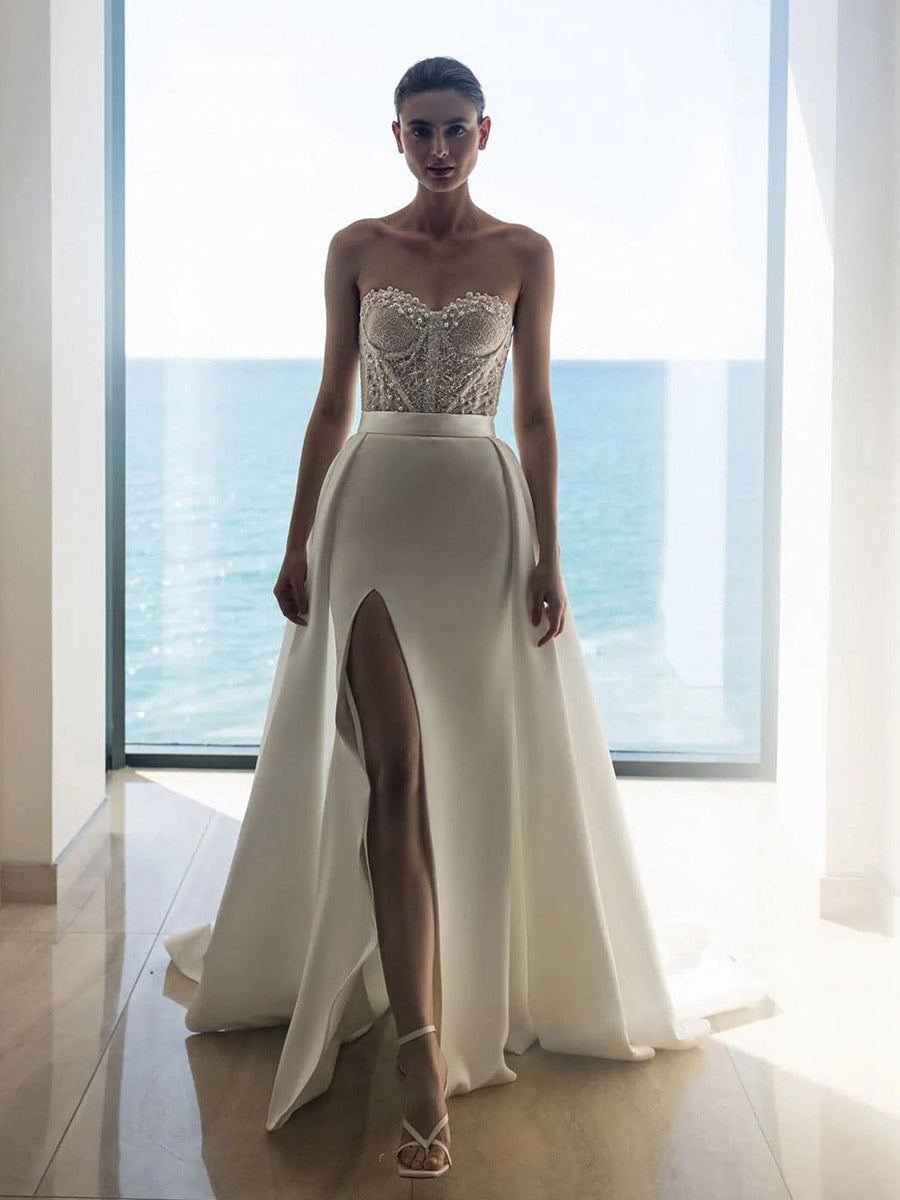 A-Line Strapless Sweetheart Sequins Pearls High Slit Mermaid Wedding Dress with Train