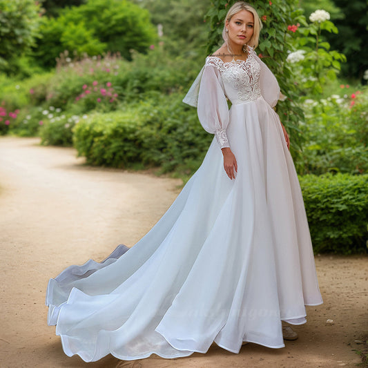 Long Puff Sleeves Organza A Line Wedding Dresses with Beads