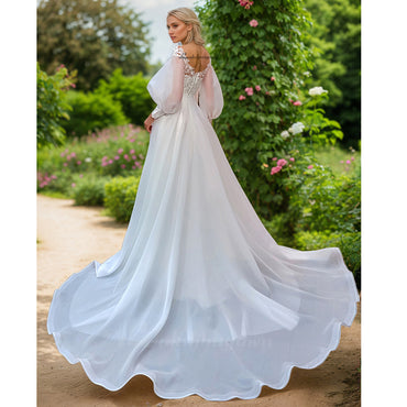 Long Puff Sleeves Organza A Line Wedding Dresses with Beads