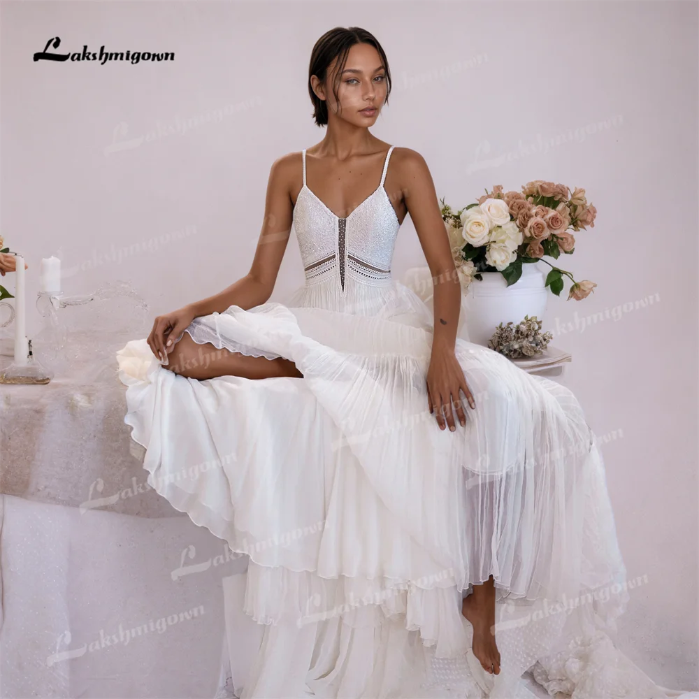 Romantic Spaghetti Straps Boho A Line Wedding Dress with Sequins