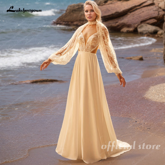 Chiffon Beach Wedding Dresses with Dectach Puffy Long Sleeve