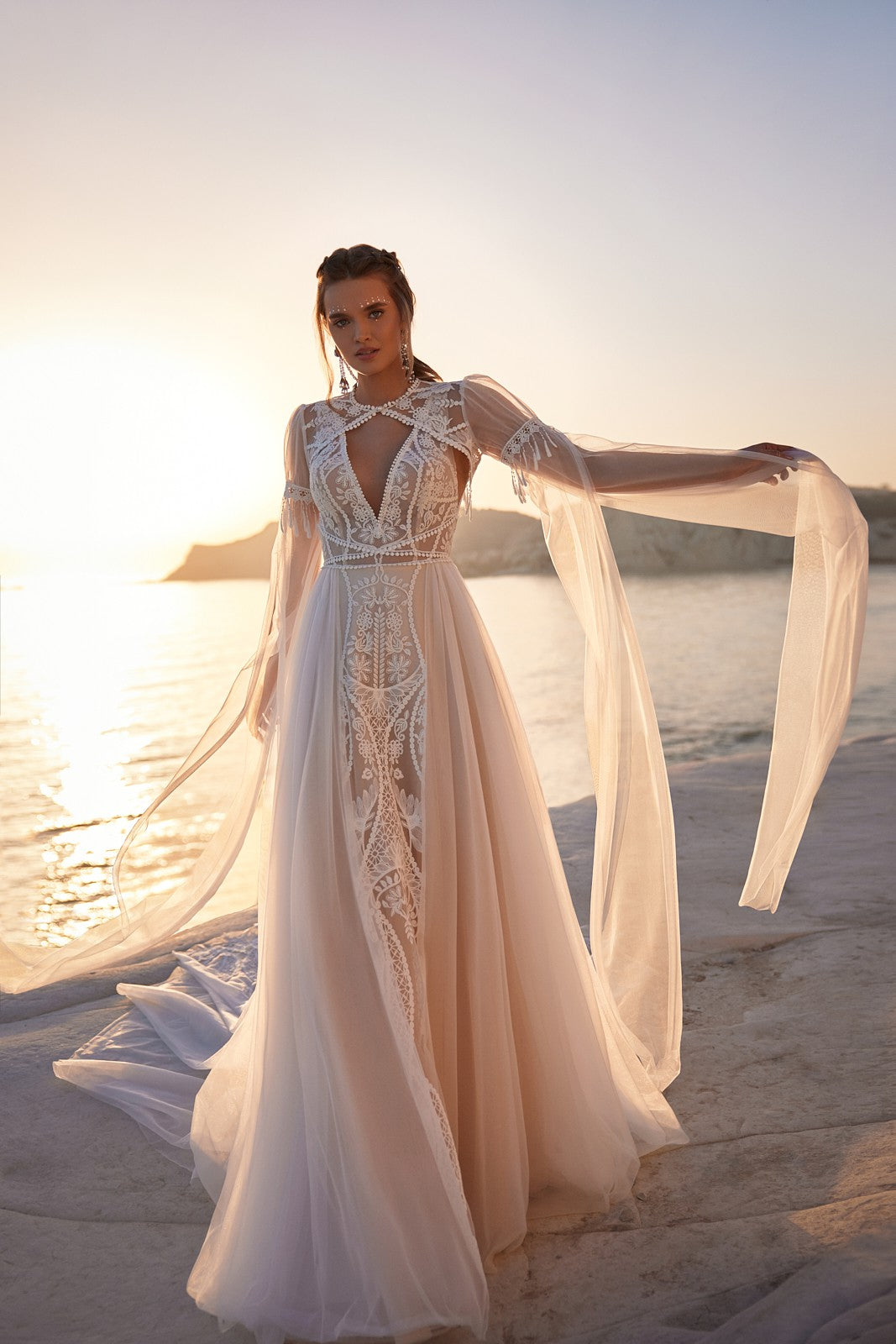 Bohemia A line Wedding Dresses with Cape Lace Bridal Gowns