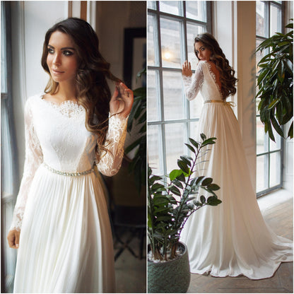 Long Sleeve Boho Lace Wedding Dress with Sleeves