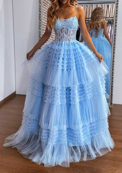 Sweetheart Sleeveless Sweep Train Tulle Prom Dress with Ruffles