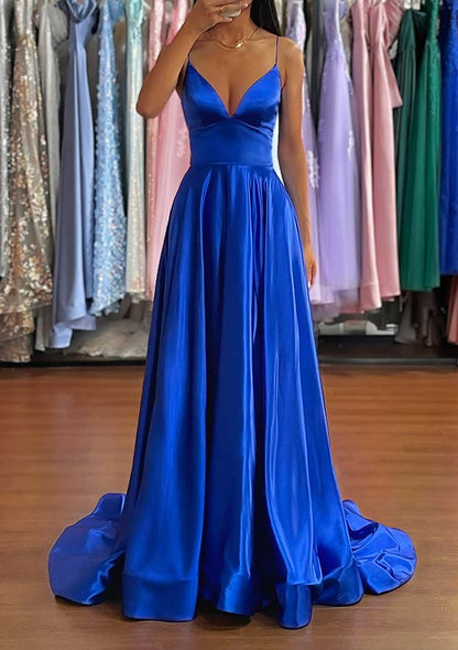 Royal Blue V Neck Sweep Train Prom Dress with Split