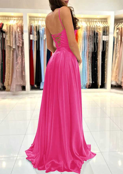 Vestido de fiesta con tirantes finos de sirena larga rosa intenso con apliques