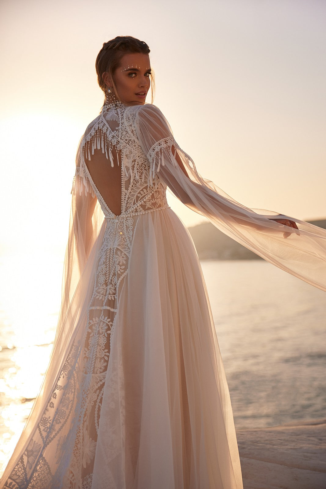 Bohemia A line Wedding Dresses with Cape Lace Bridal Gowns