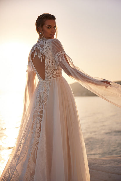 Bohemia A line Wedding Dresses with Cape Lace Bridal Gowns