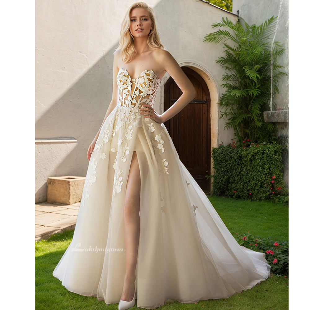 Sweetheart Lace Appliques Front Split Wedding Dresses