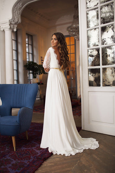 Long Sleeve Boho Lace Wedding Dress with Sleeves