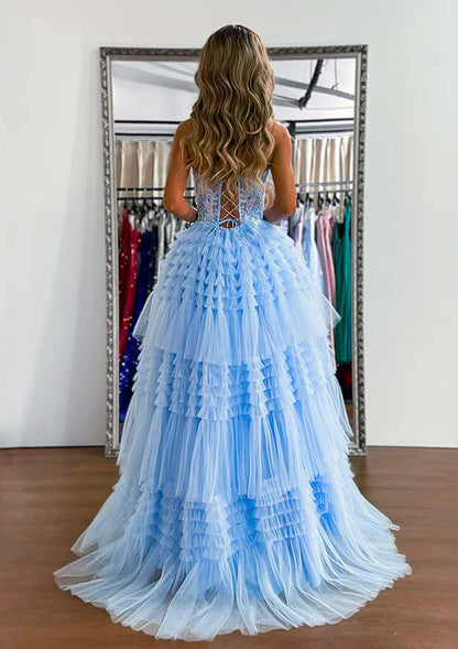 Sweetheart Sleeveless Sweep Train Tulle Prom Dress with Ruffles
