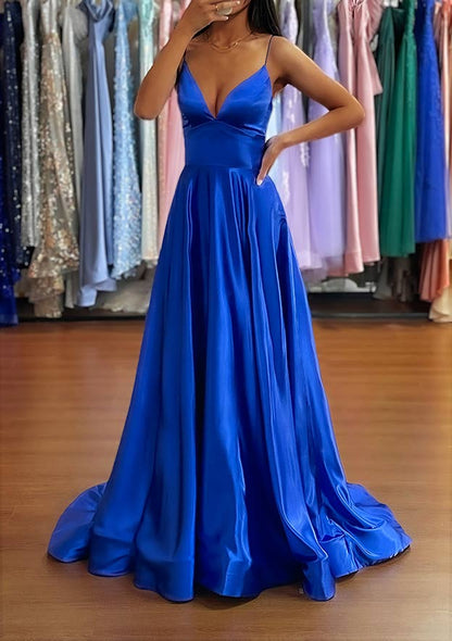 Royal Blue V Neck Sweep Train Prom Dress with Split