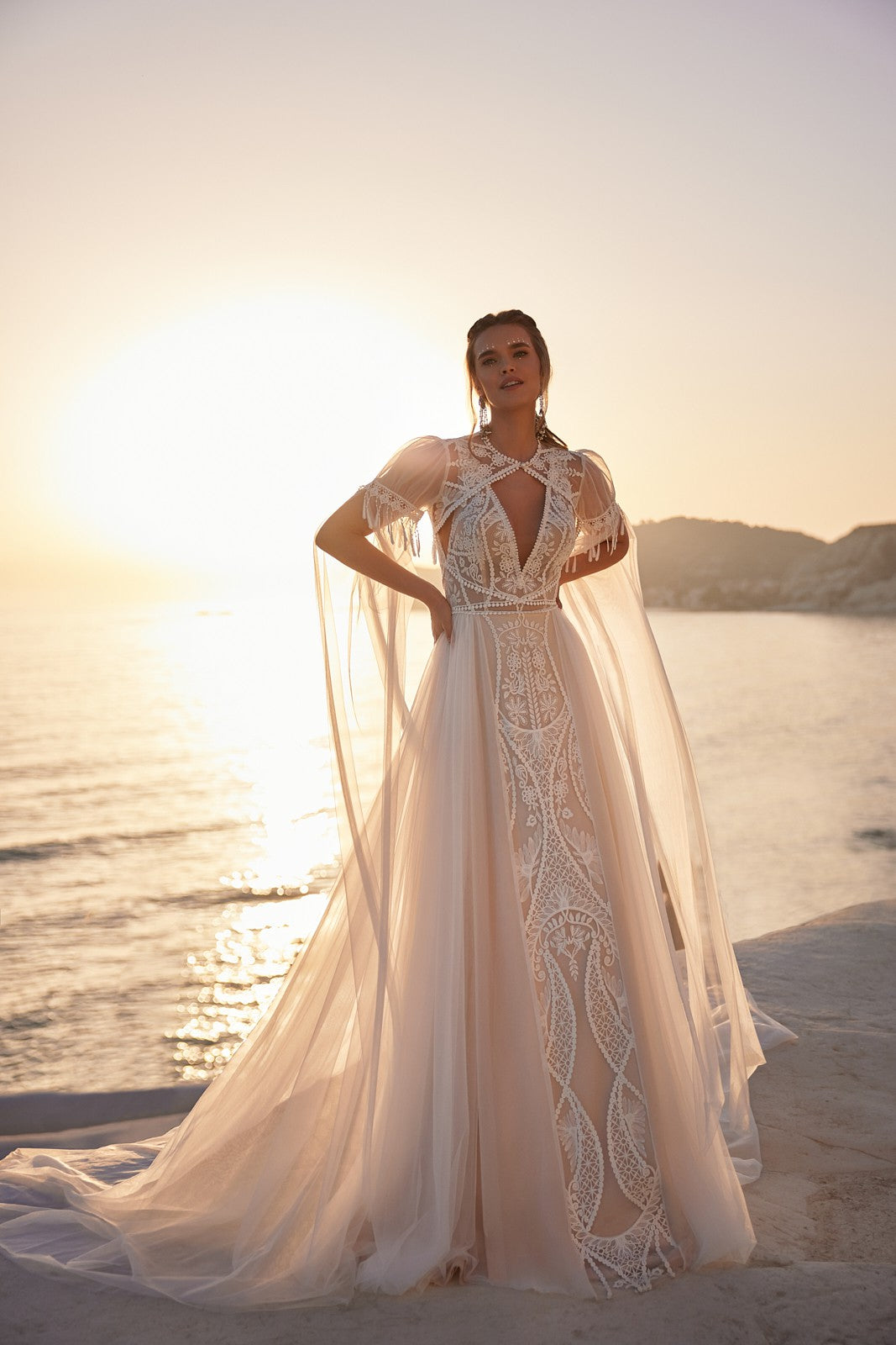 Bohemia A line Wedding Dresses with Cape Lace Bridal Gowns