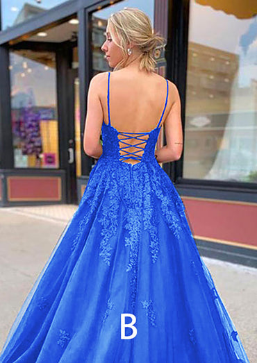 V Neck Spaghetti Straps Sweep Train Tulle Prom Dress With Appliques