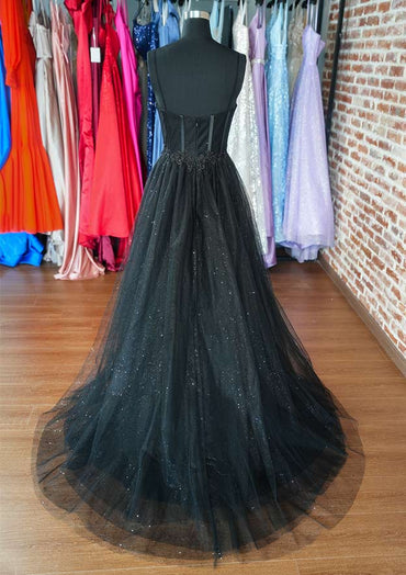 Spaghetti Straps Sweep Train Tulle Glitter Prom Dress With Appliques
