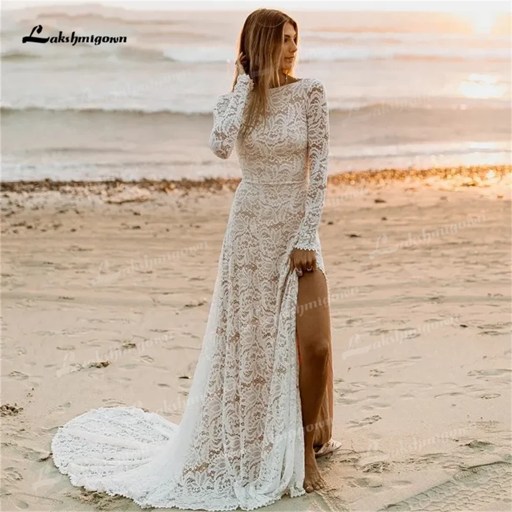 Beach Boho Wedding Dress Lace Long Sleeves Bridal Gown with High Side Split