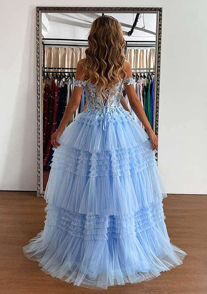 Off-the-Shoulder Sleeveless Sweep Train Tulle Prom Dress with Ruffles